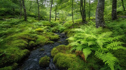 Ferns growing in a shaded woodland glen, with moss-covered rocks and a serene, tranquil atmosphere