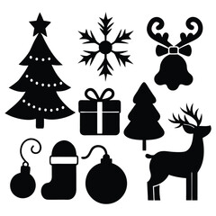 Festive Christmas Silhouette Clipart Set featuring holiday icons like trees, snowflakes, and Santa. Perfect for cards, decorations, and creative projects.