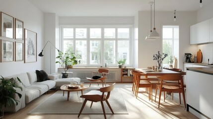 Modern living room and kitchen with white walls, large windows, and wooden furniture.