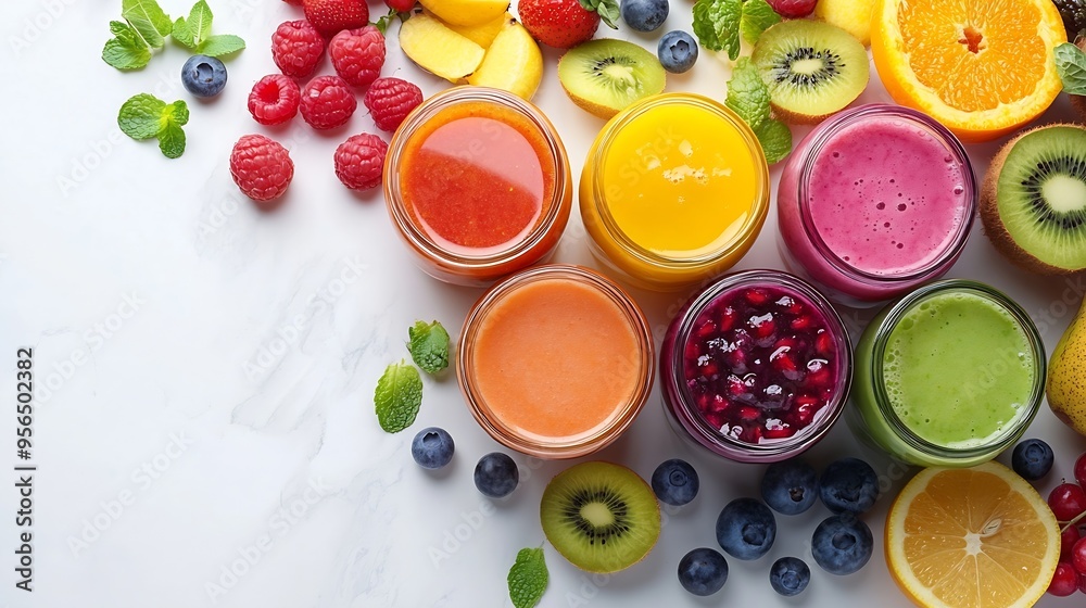 Aufkleber Freshly pressed Fruit vegetable juice smoothie with fruits veggie toppings on white background file Many assorted different flavour Mockup template for artwork design : Generative AI