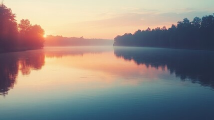 Fototapeta premium Tranquil lake at sunrise with soft golden light reflecting on the water.