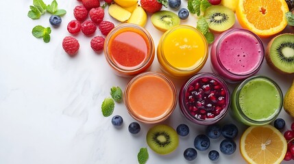Freshly pressed Fruit vegetable juice smoothie with fruits veggie toppings on white background file Many assorted different flavour Mockup template for artwork design : Generative AI