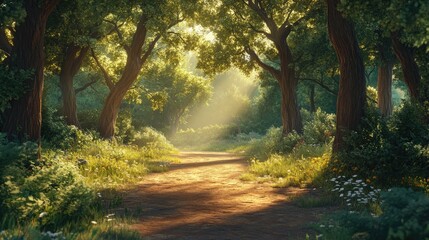 Fototapeta premium Sunbeams illuminate a path through a lush green forest, creating a magical, fairytale atmosphere.