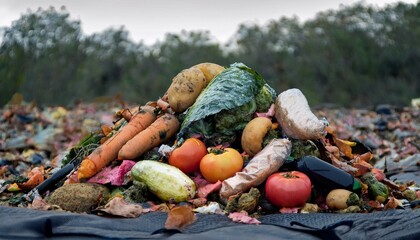  A grim outdoor scene showing a large pile of discarded vegetables rotting in a landfill. The