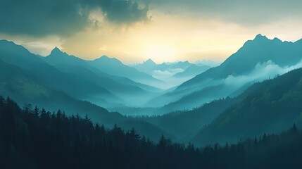 Obraz premium A breathtaking view of a misty mountain range at sunrise. The soft light of the sun illuminates the peaks, creating a sense of peace and tranquility.