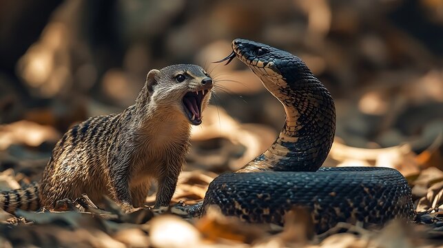 Asian mongoose fights with an aggressive cobra in the wild natural habitat snake has opened its hood and stands in a fighting stance the mongoose bristles : Generative AI