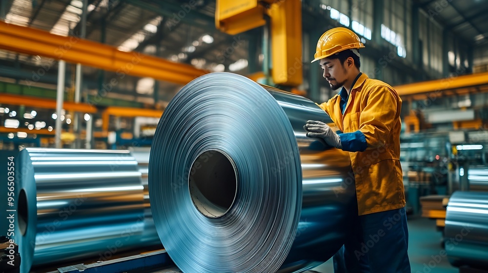 Poster engineer checking metal sheet roll in factory factory worker man inspection on hole rolls of metal c