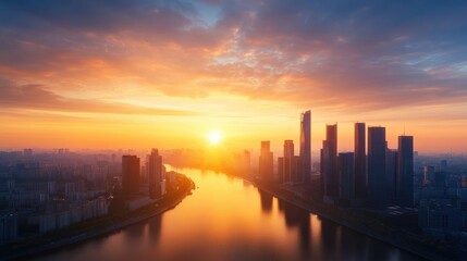 Fototapeta premium an epic city skyline at sunrise, with skyscrapers reflecting the warm light and a river flowing through the urban landscape, a breathtaking view