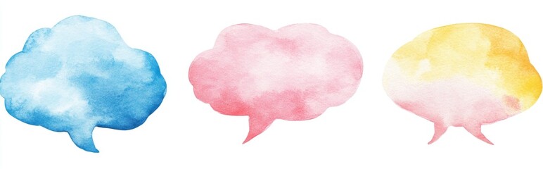 Watercolor Illustration of Yellow Blue and Pink Speech Bubbles