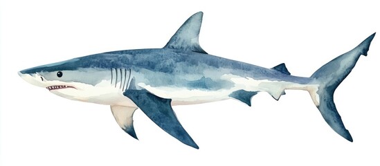 Obraz premium Watercolor shark on a white backdrop Artistic shark sketch Charming illustration for children Artwork isolated on white for design print or background use