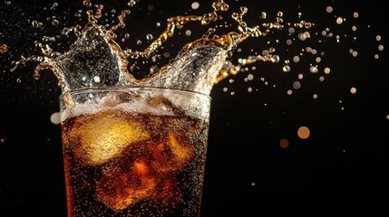 A close-up of a glass of cola with ice cubes, the liquid is splashing and creating a beautiful pattern of bubbles.