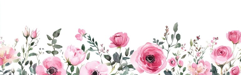 Watercolor pink flower border frame featuring botanical hand drawing set against a white background Ideal for birthday wedding designs and various printing projects