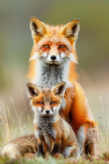 Fototapeta premium Cute photo of orange fox mother and her small child, lovely motherhood 