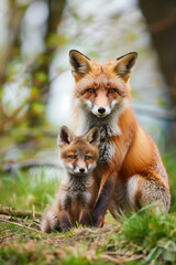 Cute photo of orange fox mother and her small child, lovely motherhood