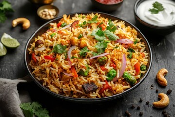 A vibrant plate of vegetable biryani garnished with herbs and served with sides.