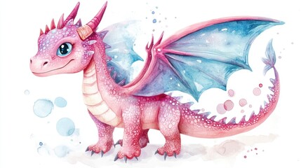 Obraz premium Whimsical fantasy dragon depicted as a playful pink reptile Enchanted dinosaur with wings in a watercolor style for children s illustrations on a white background