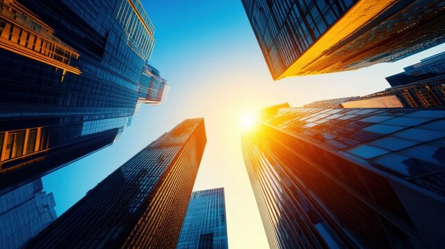 an epic establishing shot of towering skyscrapers in a bustling city skyline, with the sun setting behind the buildings, casting long shadows on the streets below, first person point of view