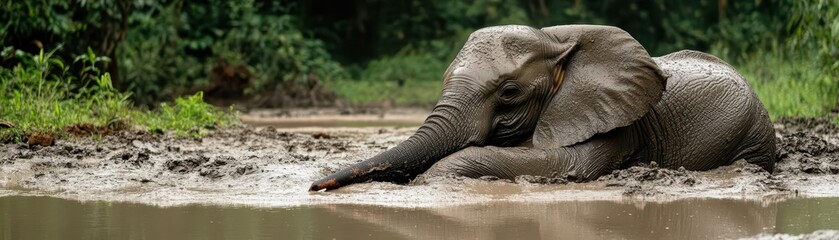 Obraz premium Elephant covered in jungle mud, resting near a natural mud pool, a moment of relaxation and tranquility