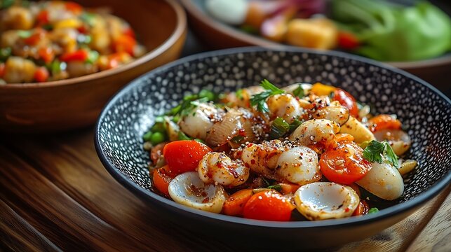 Seasoned whelk vegetables mixed with whelk with sweet and spicy seasoning : Generative AI