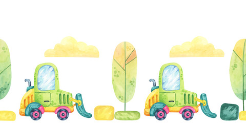Naklejka premium Excavator, building blocks, trees and clouds in watercolor. Construction site seamless border clipart in cartoon style. Cute forklift car illustration for children's rooms, clothing or textile