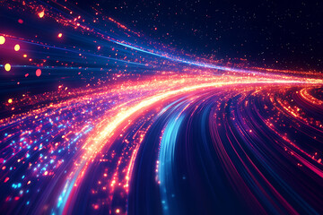 Obraz premium Dynamic abstract image of vibrant light trails and colorful particles converging towards a bright center, symbolizing speed and energy