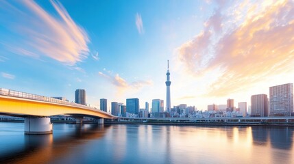 Obraz premium commuters crossing a modern bridge over a busy river, with the skyline of a futuristic city in the background, capturing the energy and flow of urban life
