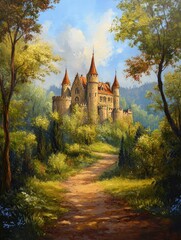 Oil painting depicting a historic castle with scenic surroundings