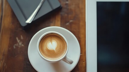 Top view of a cup of coffee with a heart design, a book, and a tablet on a wooden table.