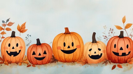 Jack-o'-lantern pumpkins with playful expressions in an autumn setting.