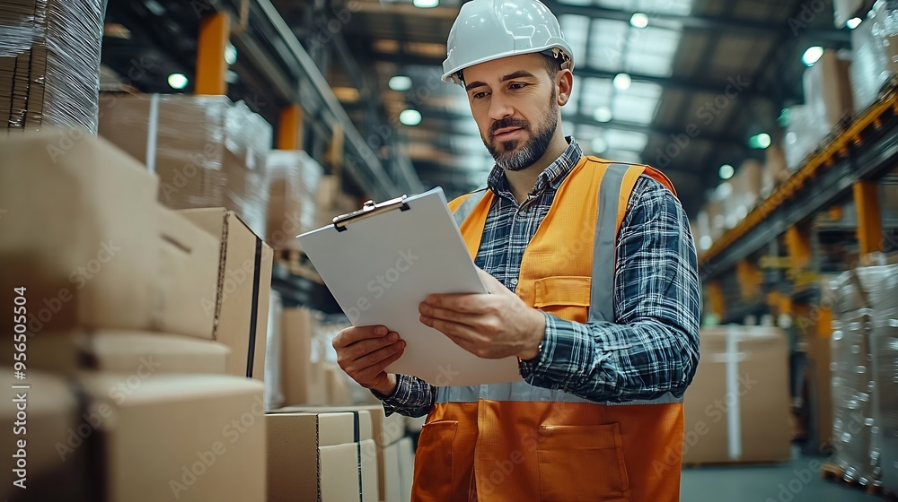 Poster engineer man wearing safety helmet and vest holding clipboard and take note on the paper in the auto