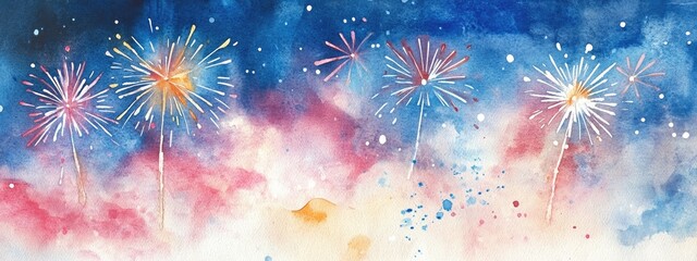 Fototapeta premium Watercolor postcard illustration capturing summer fireworks conveying sympathy for the heat