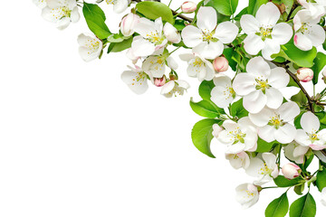 Blossoming branch of apple tree on corner border, flower on a transparent background
