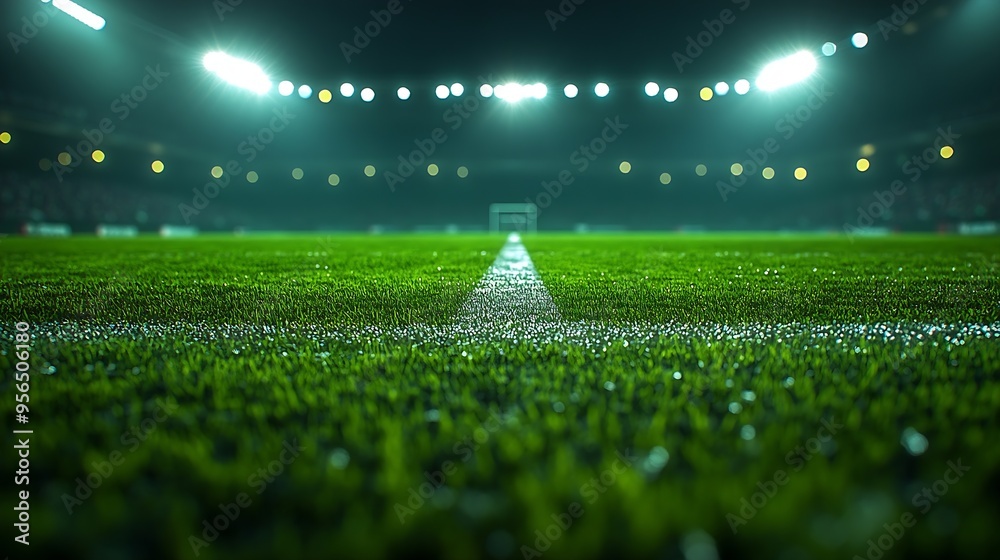 Poster Picture of a football field at night The stadium was created in 3D without using existing references Pitch night before the game Road with lines of lights green  car display stand : Generative AI