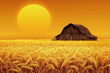 A Rustic Wooden Barn in a Golden Wheat Field at Sunset