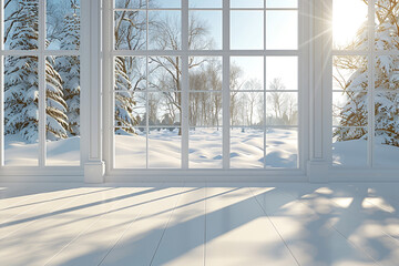 A 3D-rendered Scandinavian interior design features a white empty room with a winter landscape...