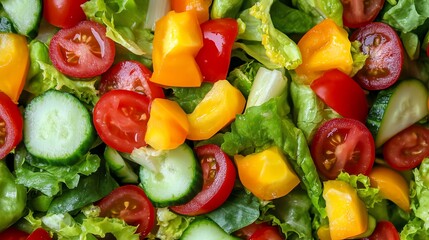 Close up of a fresh salad with tomatoes, cucumbers and bell peppers.