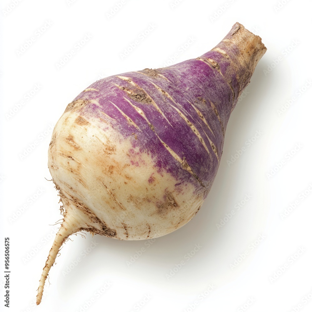 Poster A whole, unpeeled turnip with purple stripes, isolated on a white background.