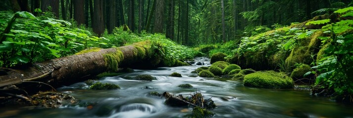 Fototapeta premium A small stream flowing through a dense forest, with vibrant green moss covering rocks and fallen trees, creating a peaceful and enchanting natural scene.