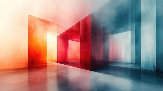 abstract geometric composition featuring intersecting lines and subtle gradients creating an illusion of depth and dimension on a minimalist canvas