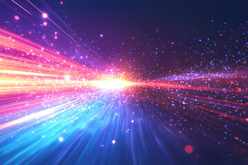 Obraz premium Dynamic abstract image of vibrant light trails and colorful particles converging towards a bright center, symbolizing speed and energy