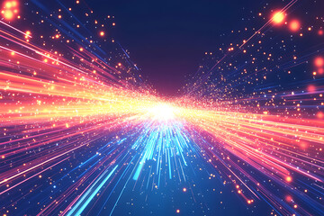 Obraz premium Dynamic abstract image of vibrant light trails and colorful particles converging towards a bright center, symbolizing speed and energy