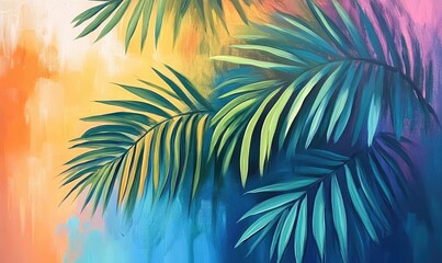 Oil painting of vibrant tropical palm leaves against a colorful background featuring ample copy space and lush foliage