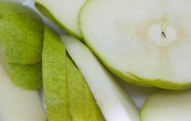 Sliced ​​pear. pear details. green natural food. fruit details. food details.
