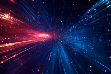 Obraz premium Dynamic abstract image of vibrant light trails and colorful particles converging towards a bright center, symbolizing speed and energy