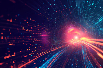 Obraz premium Dynamic abstract image of vibrant light trails and colorful particles converging towards a bright center, symbolizing speed and energy