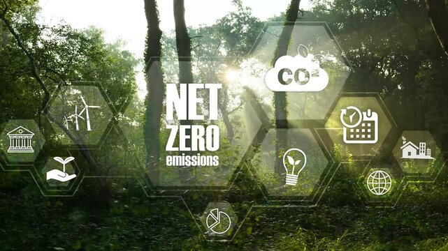 Net zero emission and carbon neutral concept with Net zero icons In Green Forest With Sunlight. net zero greenhouse gas emissions target Climate neutral long term strategy on a green background