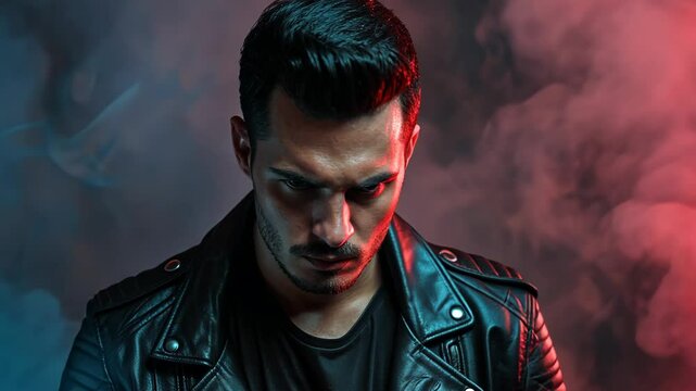 Intense portrait of a man in a leather jacket surrounded by colorful smoke at a dramatic nighttime setting