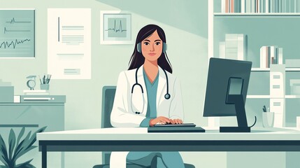 Illustration of a female doctor in a white coat sitting at a desk with a computer, surrounded by medical charts and books in an office setting.