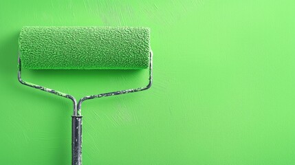 Obraz premium A green paint roller applying fresh paint to a wall, clean and smooth