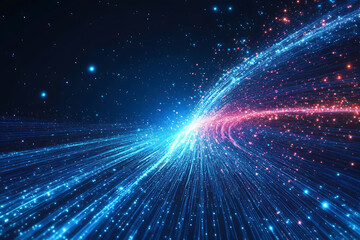 Obraz premium Dynamic abstract image of vibrant light trails and colorful particles converging towards a bright center, symbolizing speed and energy